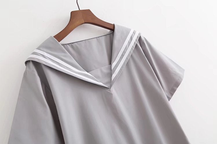 Summer new cotton navy style pleated skirt loose and thin solid color short-sleeved dress C4250