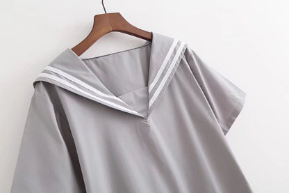 Summer new cotton navy style pleated skirt loose and thin solid color short-sleeved dress C4250
