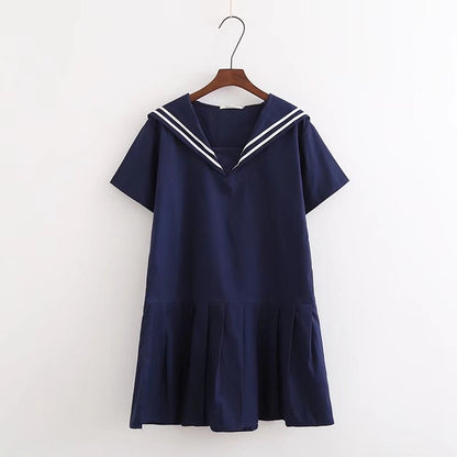 Summer new cotton navy style pleated skirt loose and thin solid color short-sleeved dress C4250