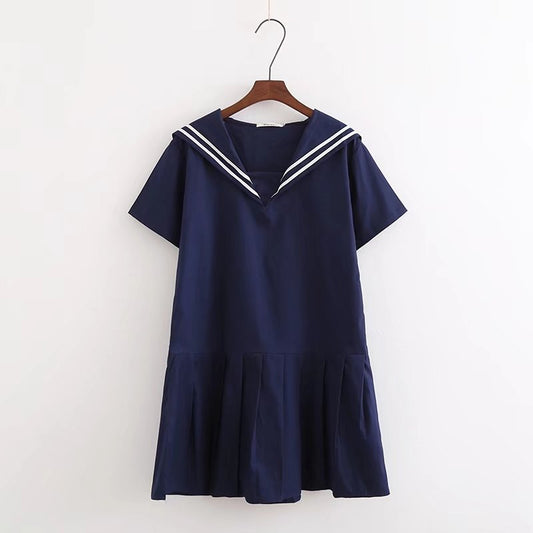 Summer new cotton navy style pleated skirt loose and thin solid color short-sleeved dress C4250