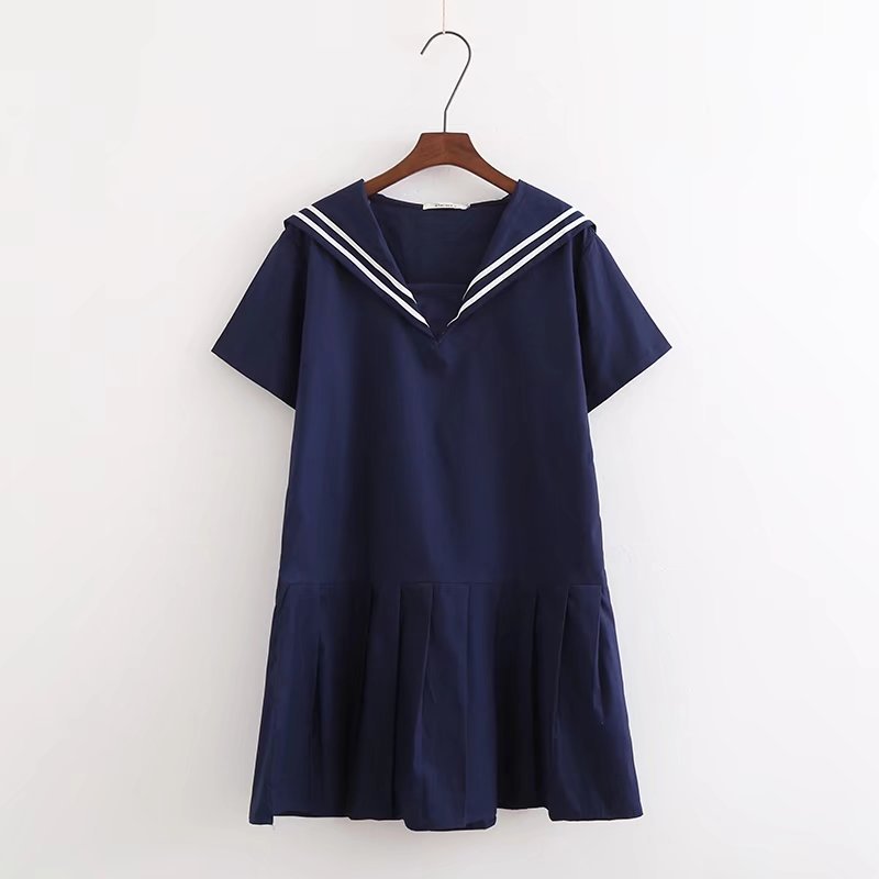 Summer new cotton navy style pleated skirt loose and thin solid color short-sleeved dress C4250