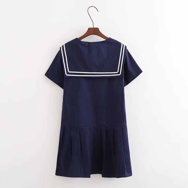 Summer new cotton navy style pleated skirt loose and thin solid color short-sleeved dress C4250