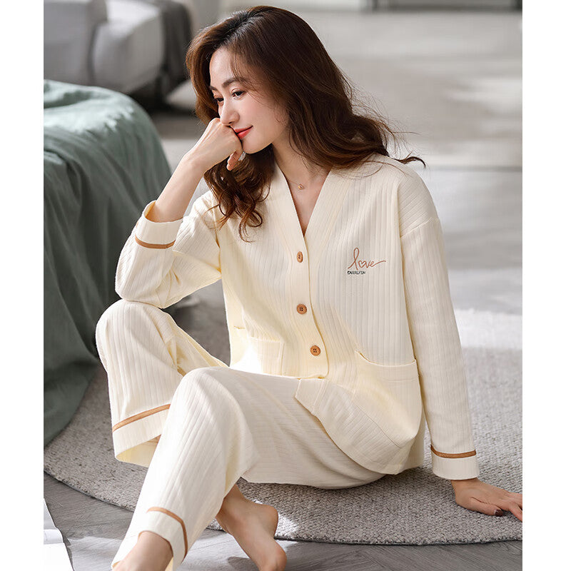 Nanjiren pajamas women's spring, autumn and winter solid color cotton ladies home service cardigan long-sleeved pajama pants trousers suit L