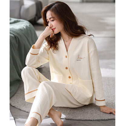 Nanjiren pajamas women's spring, autumn and winter solid color cotton ladies home service cardigan long-sleeved pajama pants trousers suit L