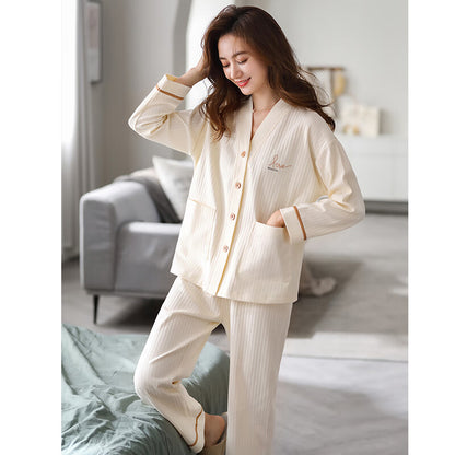 Nanjiren pajamas women's spring, autumn and winter solid color cotton ladies home service cardigan long-sleeved pajama pants trousers suit L