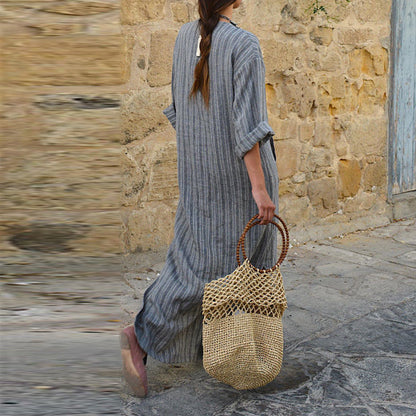 hot style European and American new cotton and linen yarn-dyed striped loose long dress