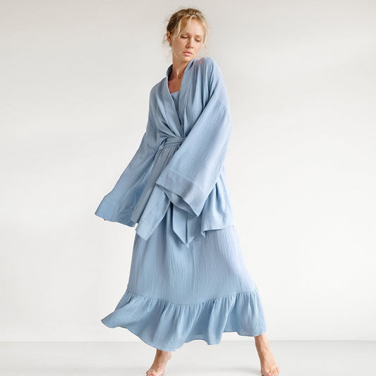 summer French style pajamas fashion nightgown two-piece set double-layer gauze suspenders nightdress ruffled ladies home clothes