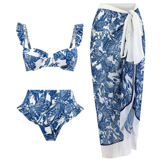 Bikini Set – Sexy Gathered Design, High Waist Split Swimsuit + Chiffon Long Skirt, European & American Style