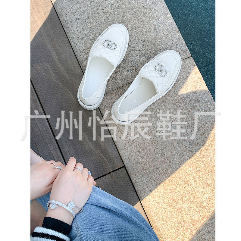 new all-match flat bottom British style leather thick bottom P home shoes small fragrance style loafers women's shoes small leather shoes women