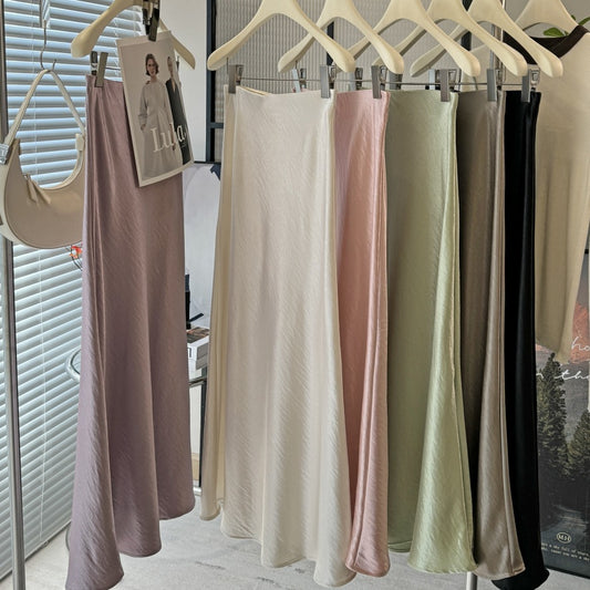 Acetate satin fishtail skirt women's  temperament simple drape slim hip A-line midi skirt