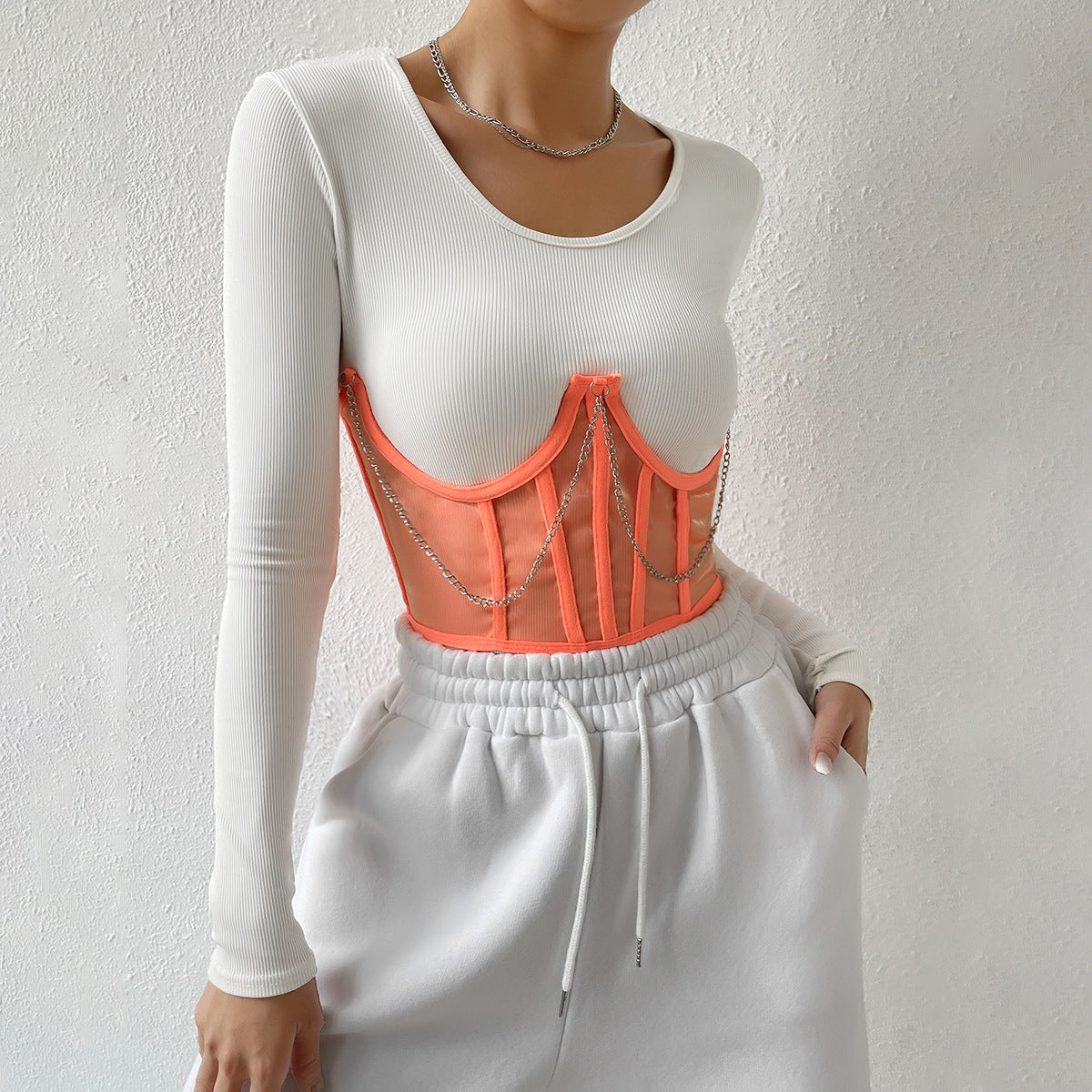 European and American wind mesh stitching chain sexy wrap chest waist sexy inner fishbone steel ring waist seal vest 8970
