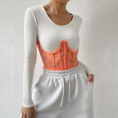 European and American wind mesh stitching chain sexy wrap chest waist sexy inner fishbone steel ring waist seal vest 8970