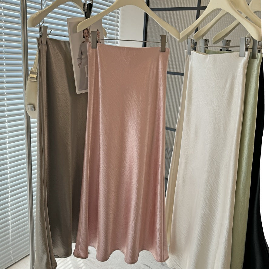 Acetate satin fishtail skirt women's  temperament simple drape slim hip A-line midi skirt