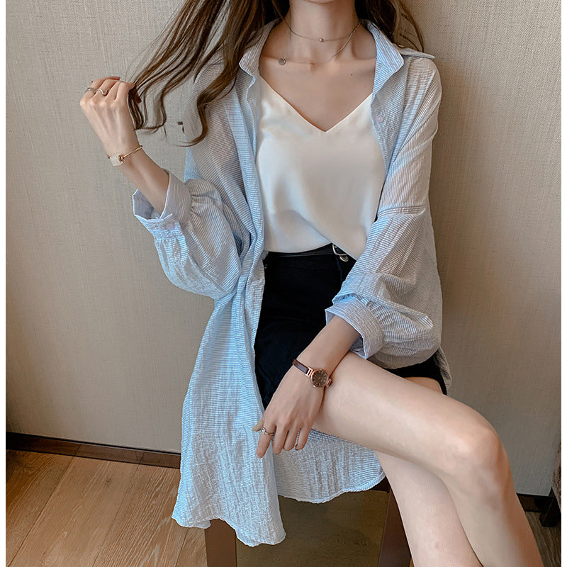 summer new Korean version of the commuter striped sun protection clothing mid-length cardigan loose all-match lapel shirt women