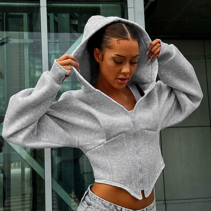 street European and American style long sleeve fleece zipper cardigan hooded sweatshirt casual jacket women