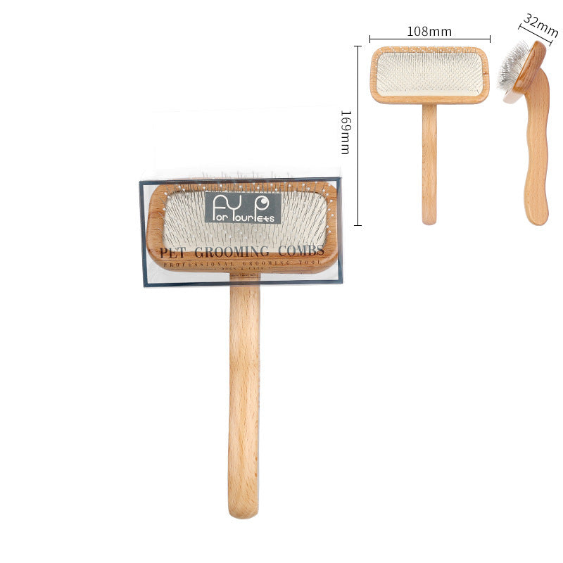 Safe and soft wooden dog and cat skateboard brush for removing loose hair from long-haired or short-haired dogs