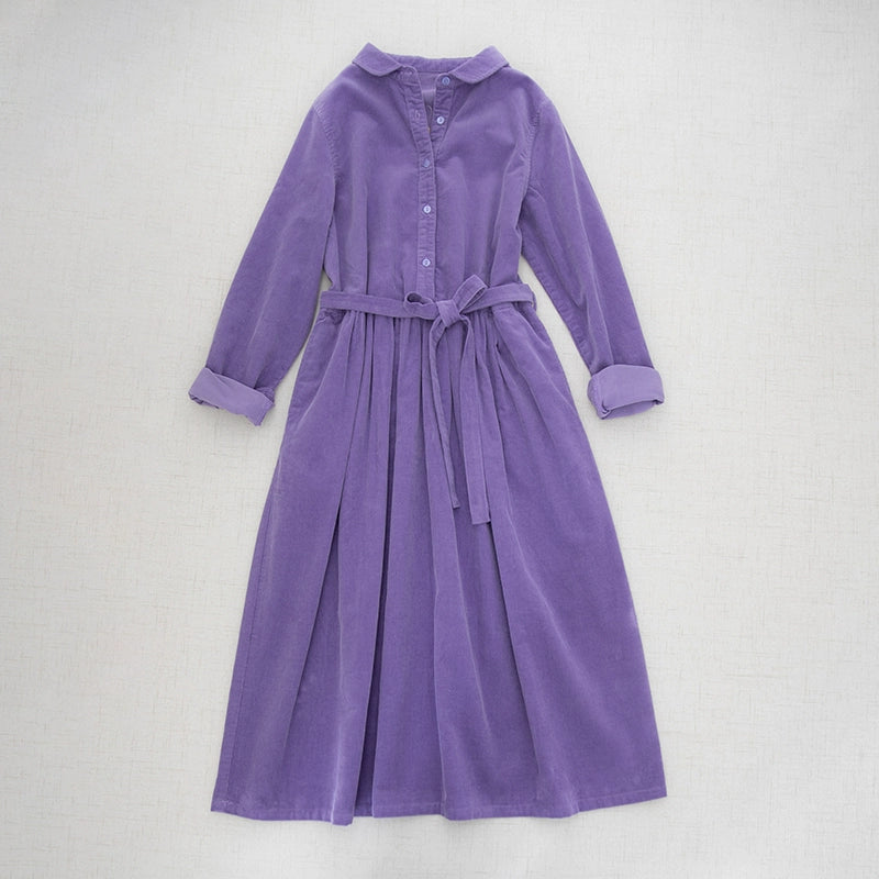 Doll collar shirring big swing dress long skirt washed cotton thin corduroy commuting literary girl autumn and winter
