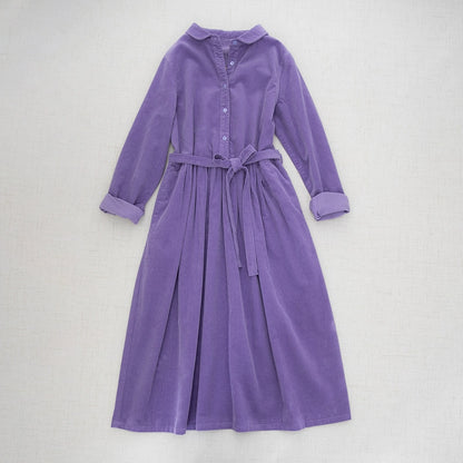 Doll collar shirring big swing dress long skirt washed cotton thin corduroy commuting literary girl autumn and winter