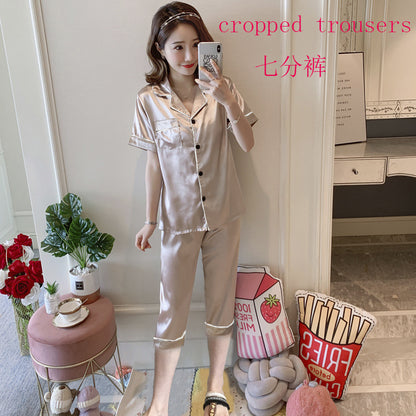 underwear short-sleeved trousers pajamas women's simulation silk lapel suit silk cross-border pajamas