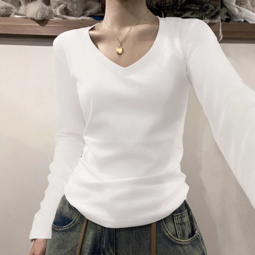 40 cotton shoulder long-sleeved T-shirts, new crew neck slim foundations, ins solid color hot girl base slimming top