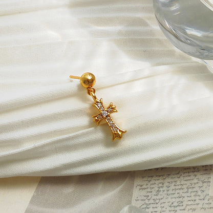 Copper-plated real gold S925 silver needle European and American cross-shaped earrings women's simple earrings temperament inlaid zircon earrings T772