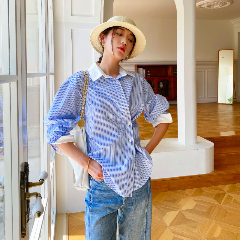 Spring new women's shirt women's long-sleeved blue and white striped French design color matching shirt women's commuting top