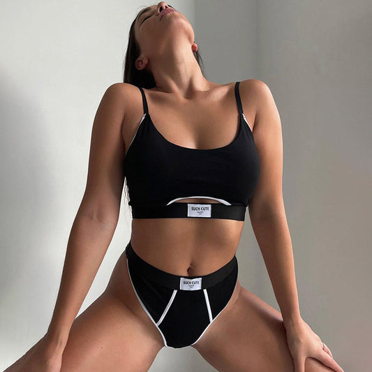 Contrasting Color Stitching Letter Cloth Label Personalized Split U-Neck Adjustable Shoulder Strap Briefs Bra Two-piece Set