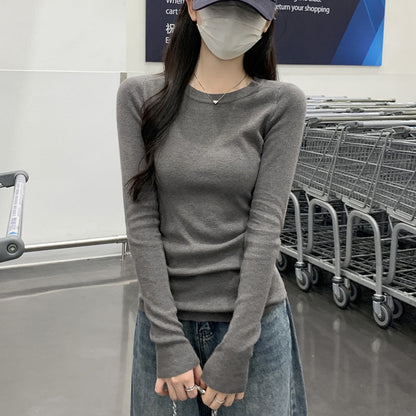 Pre-autumn thin cotton inner wear, slim body, straight shoulders, slimming, versatile crew neck, long sleeve base shirt, T-shirt top, women's winter