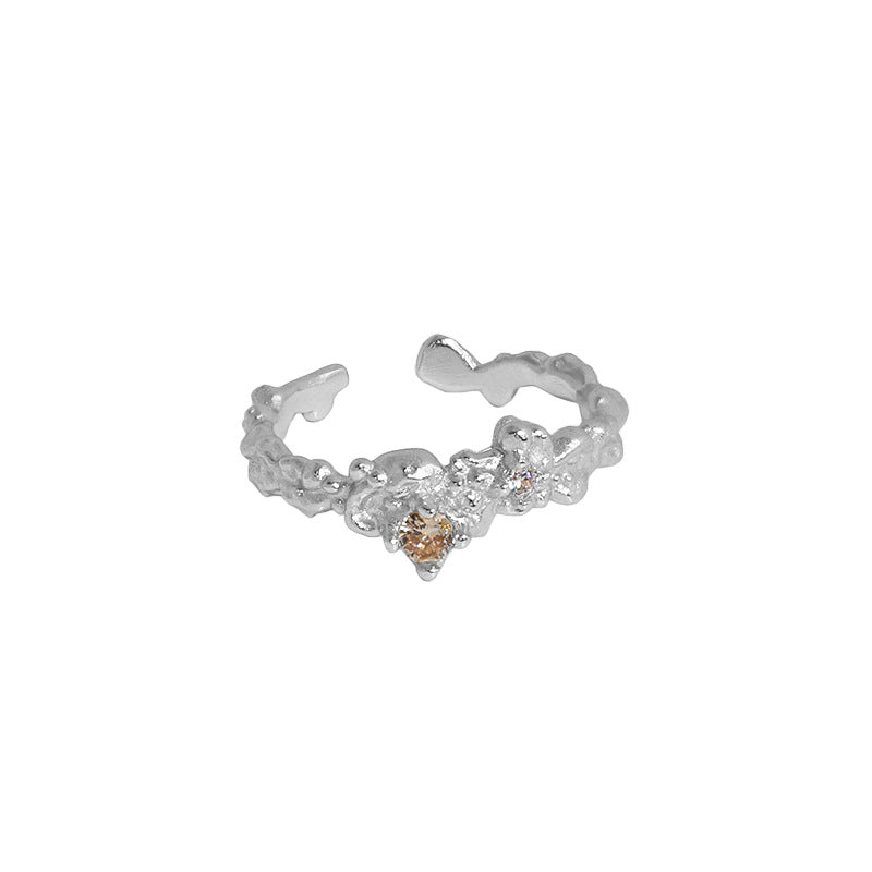 590 Korean version of ins niche design sense irregular micro-inlaid zircon texture texture S925 sterling silver open ring female