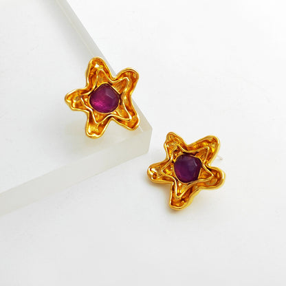 Self-designed copper-plated real gold S925 silver needle temperament pentagram star earrings retro resin earrings earrings T799