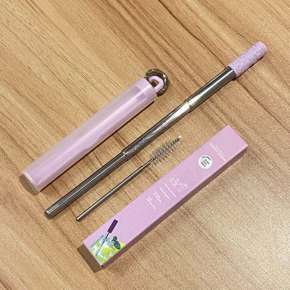 Reusable Straw Travel Work Outside Foldable Stainless Steel Keychain EDC Telescopic Straw