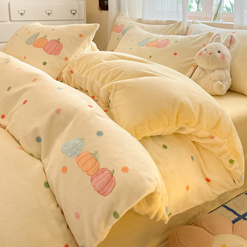 Class A mother and baby thickened milk velvet four-piece set, coral velvet cover, velvet flannel bed sheet, bed hat three 4-piece set