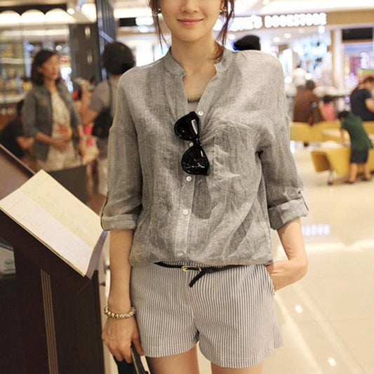 summer new sun protection clothing Japanese style small fresh loose cotton and linen three-quarter sleeve stand collar shirt female linen shirt