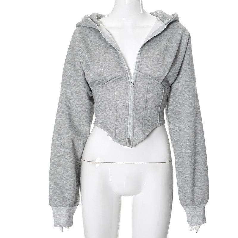 street European and American style long sleeve fleece zipper cardigan hooded sweatshirt casual jacket women