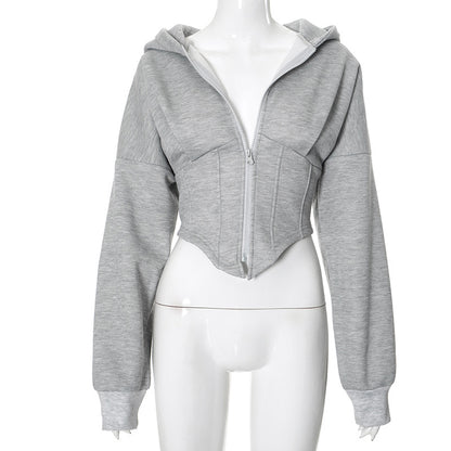 street European and American style long sleeve fleece zipper cardigan hooded sweatshirt casual jacket women