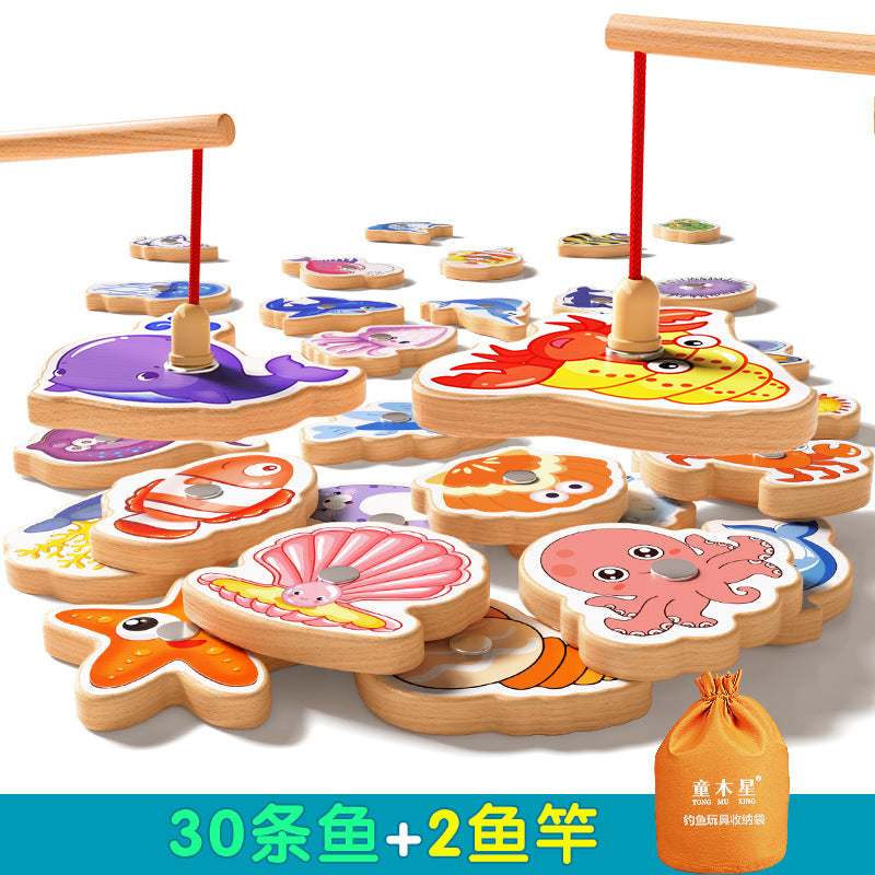 Kids Fishing Toys Magnetic Wooden Fish 1 to 3 Year Old Baby Educational Early Education Cognition Marine Fish First Year Gift