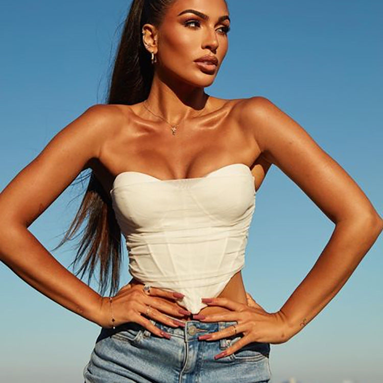 European and American Amazon popular style fishbone tube top top foreign trade women's fashion sexy mesh bra vest tube top