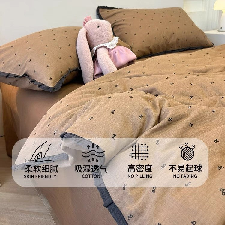 Class A French bedding four-piece set of cotton cotton double-layer gauze duvet cover bed sheets summer bed hat dormitory three-piece set 4