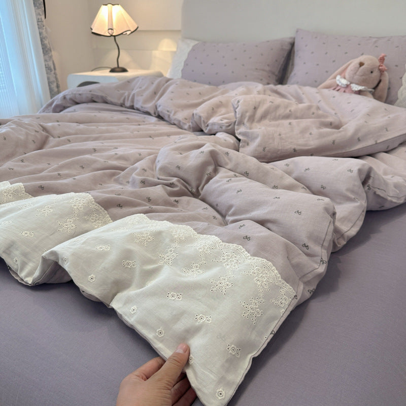 Class A French bedding four-piece set of cotton cotton double-layer gauze duvet cover bed sheets summer bed hat dormitory three-piece set 4