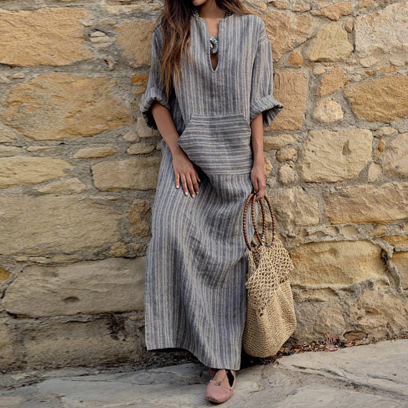 hot style European and American new cotton and linen yarn-dyed striped loose long dress