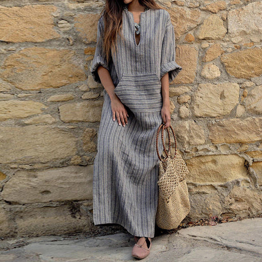 hot style European and American new cotton and linen yarn-dyed striped loose long dress