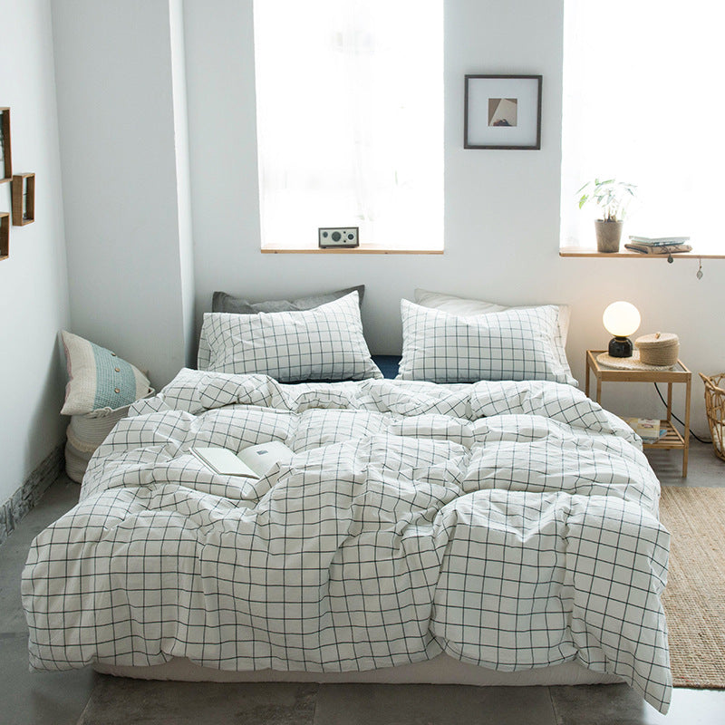 Japanese-style all-cotton non-printed washed cotton four-piece wholesale stripe-dyed good product four-piece dormitory bedding