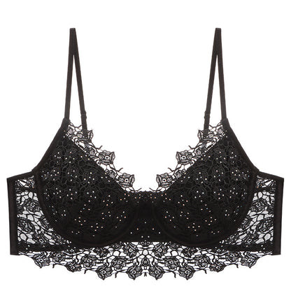 Summer Breathable French Sexy Underwear Soft Steel Ring Gather Body Shaping Thin Section Rhinestone Rose Embroidery Bra Set