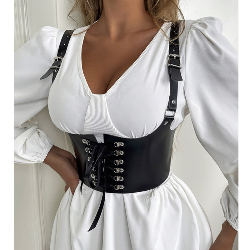 Cross-border Amazon eBay autumn solid color PU leather girdle seal European and American waist slim vest women's clothing spot 9389