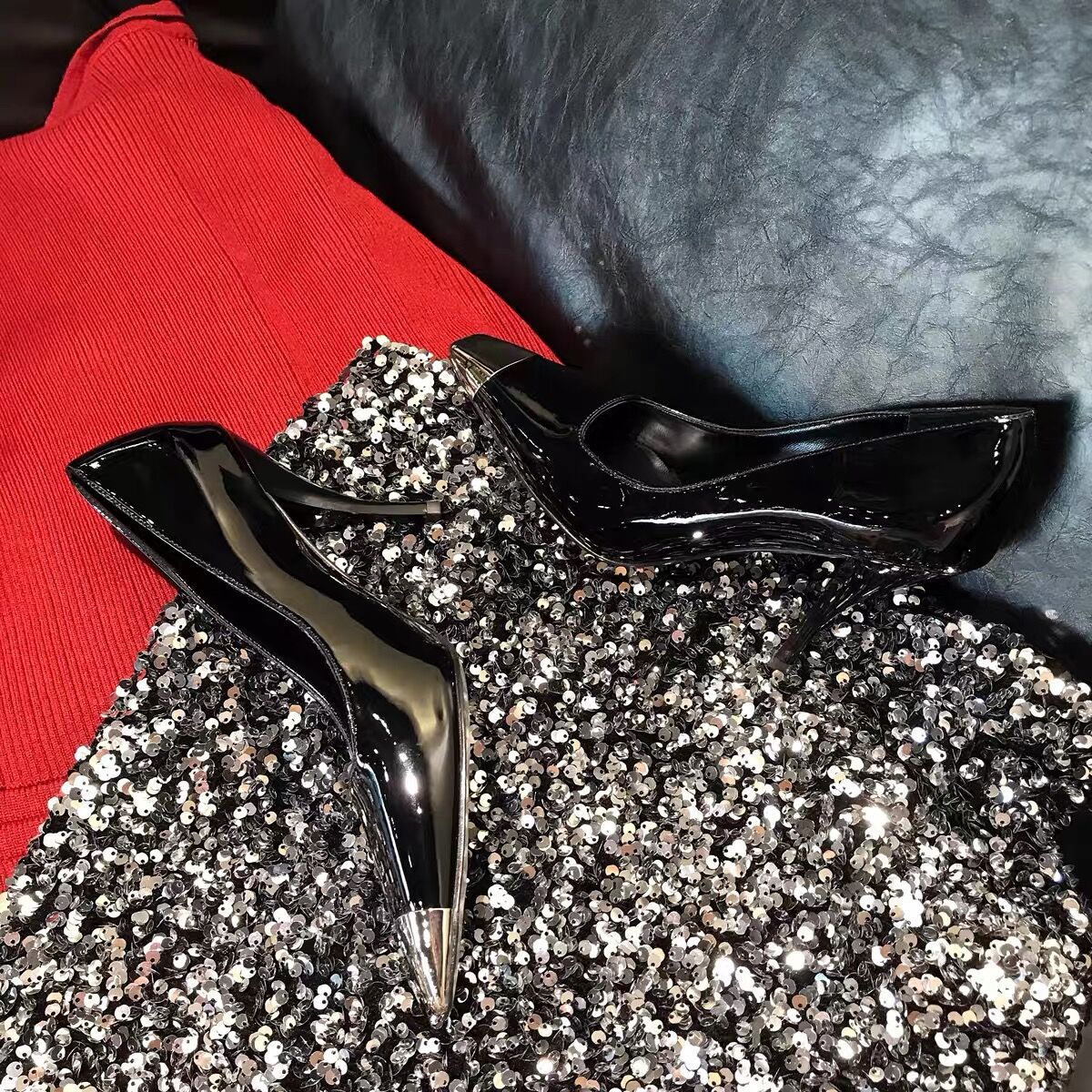 New Sexy Patent Leather High Heels Square Toe Metal Toe Stiletto Heel Fashion Single Shoes Black Toe Wrap Sandals for Women