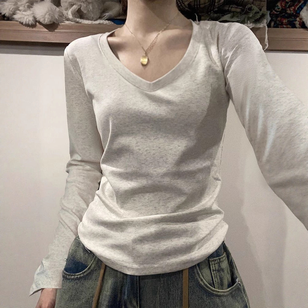 40 cotton shoulder long-sleeved T-shirts, new crew neck slim foundations, ins solid color hot girl base slimming top