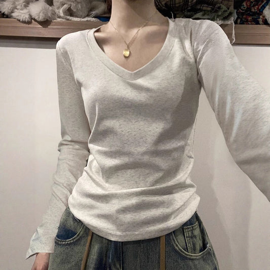 40 cotton shoulder long-sleeved T-shirts, new crew neck slim foundations, ins solid color hot girl base slimming top