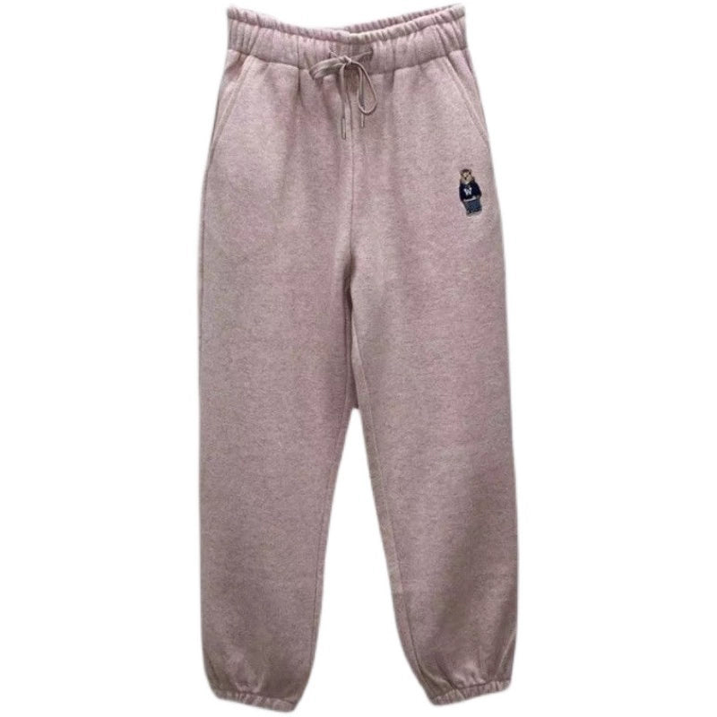 Pure cotton ~ the counter withdraws the bear bear embroidery casual sweatpants women's autumn and winter thickened beam feet look thin all-match sports pants
