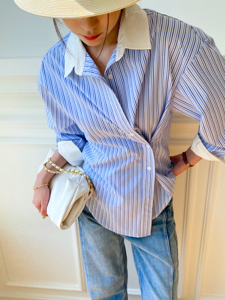 Spring new women's shirt women's long-sleeved blue and white striped French design color matching shirt women's commuting top