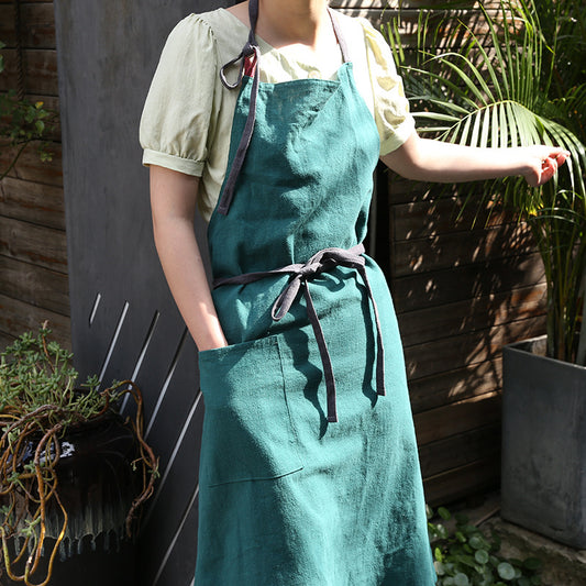 Japanese new style cotton and linen large size loose home kitchen sleeveless solid color housework high-end